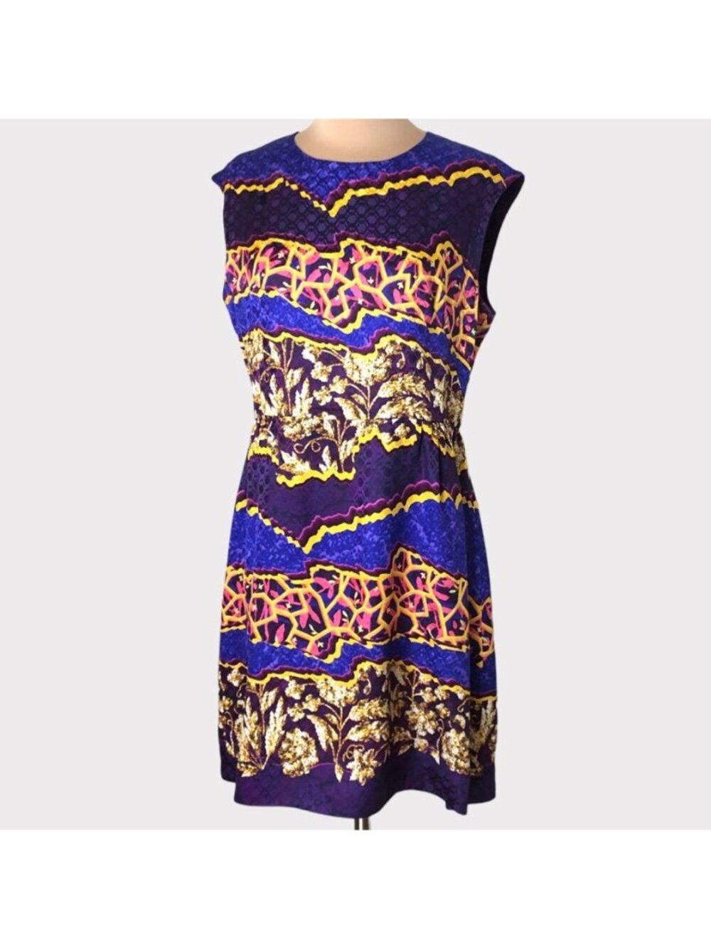 Peter Pilotto Sleeveless Dress 10 Silk Purple Gold Pink Abstract Designer Jewel